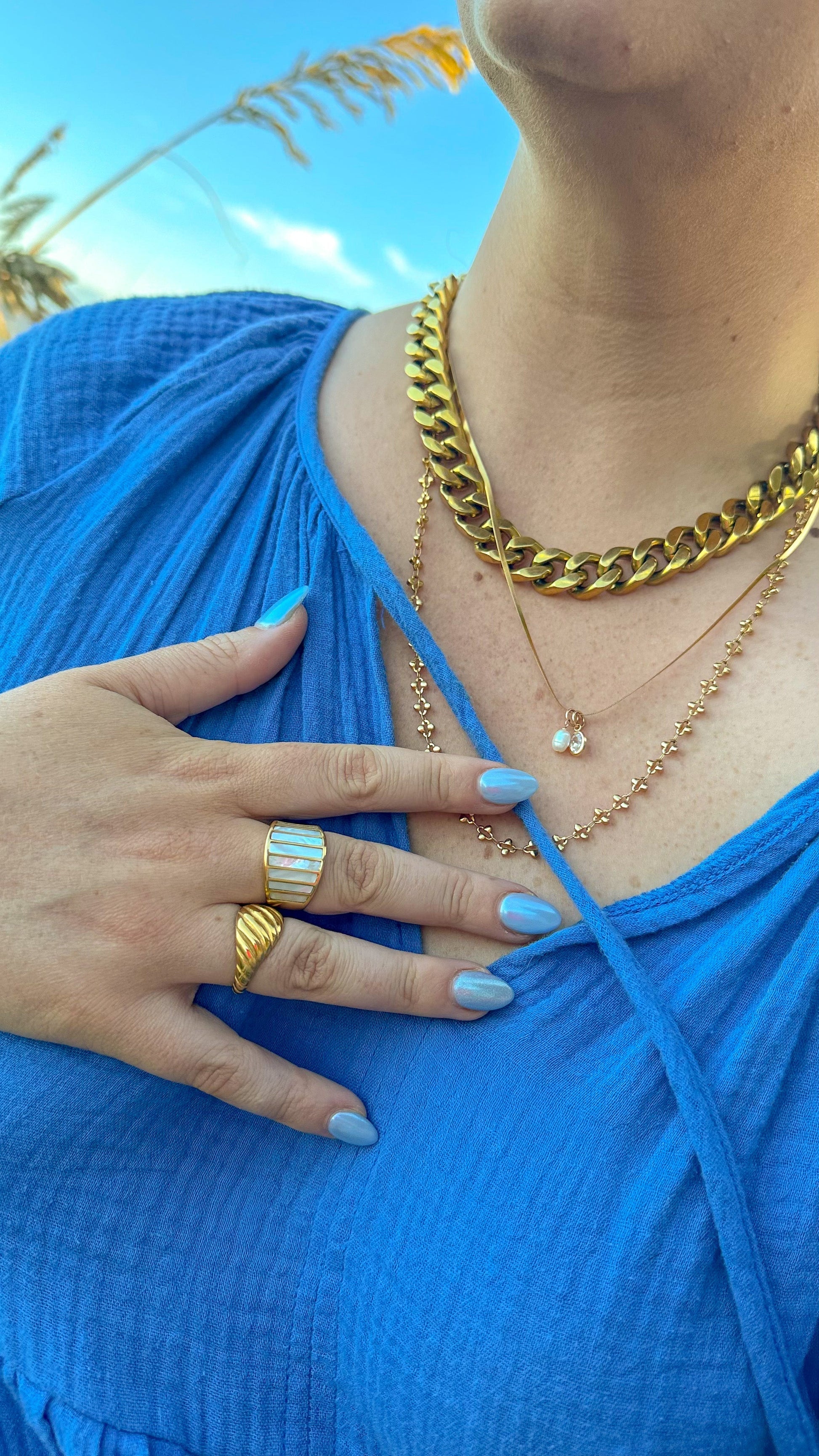 DRIP JEWELRY Necklaces 18k Stainless Steel Silky Herringbone Mini Moi et Pearl